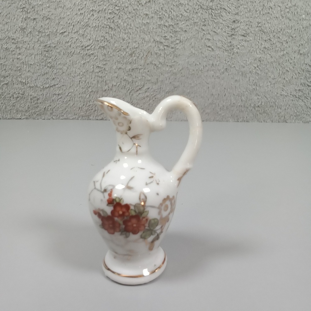 Vintage Miniature Porcelain Floral Pitcher Gold Gilt Tiny Bud Vase 2.75 Inch
